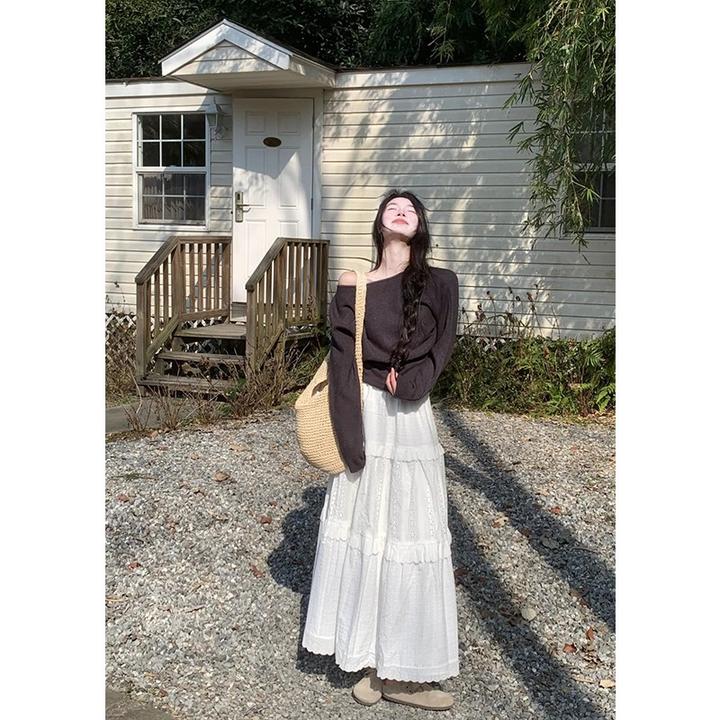 2025春季新款不规则斜肩软糯套头毛衣慵懒风针织上衣高腰半身裙女