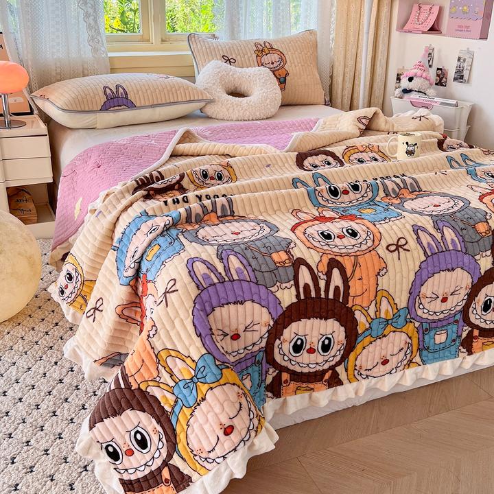 秋冬卡通布布牛奶绒床盖2米2.3米双面夹棉防滑床单多功能大盖毯