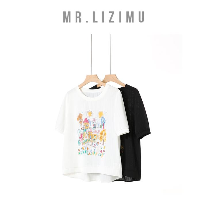 李子木先生设计感涂鸦印花短袖女款爆款2025新款夏日休闲通勤穿搭