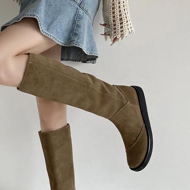 休闲磨砂巨柔软~真皮圆头高筒牛仔靴女2025复古低跟平底长筒靴秋~