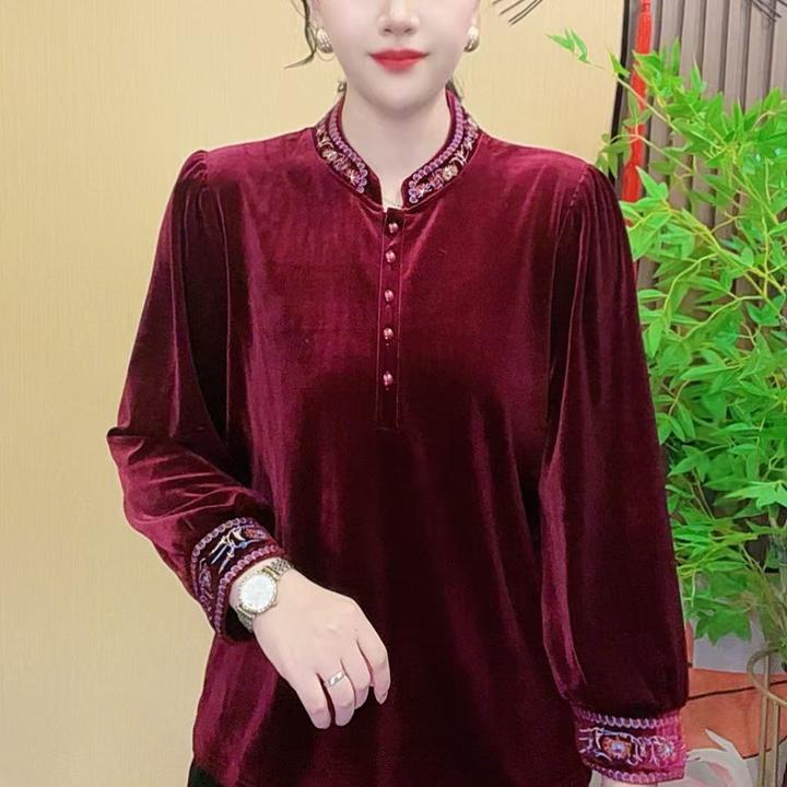 秋季宽松刺绣纯色显瘦金丝时尚气质大码长袖洋气百搭复古重磅上衣