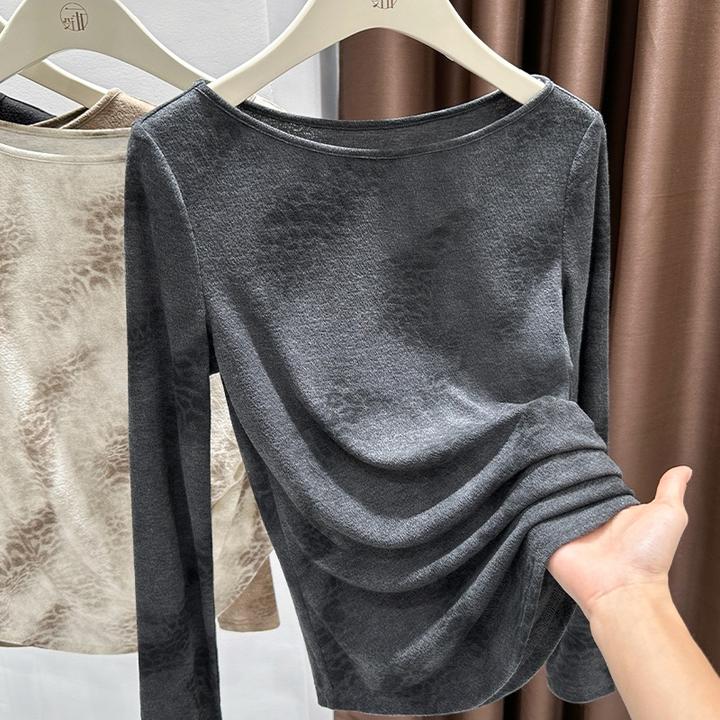 2025秋季新款灰色修身显瘦辣妹上衣女时尚潮流豹纹一字领长袖T恤