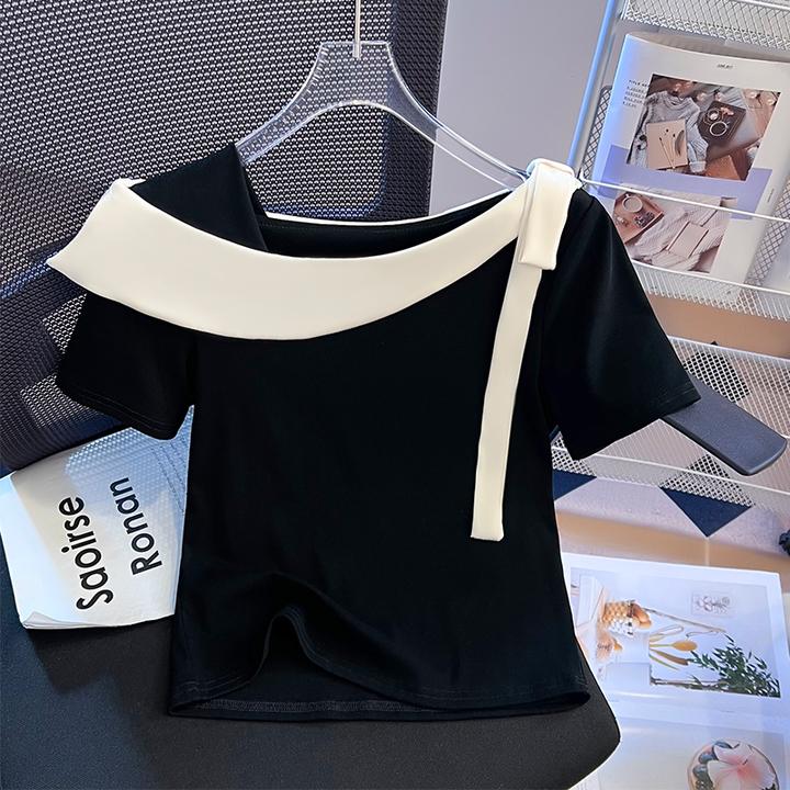 设计感一字领短袖T恤女夏季新款法式显瘦拼接修身绑带打底衫上衣