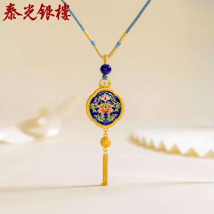 泰光银楼 吊坠足银珐琅 阿海设计花丝珐琅宝相花卷草纹吊坠鎏金