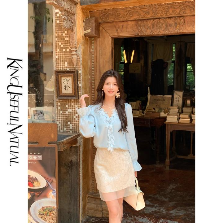 KUN【星雾】淡蓝韵律 光泽感褶皱肌理领口花瓣设计立体轮廓防晒上衣