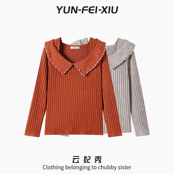 云妃秀大码女装针织衫大翻领坑条纹理时尚宽松显瘦胖妹妹冬25001
