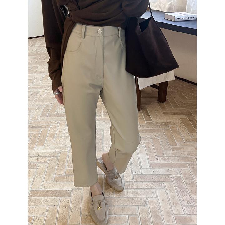 秋冬新款简约复古休闲裤卡其九分裤九分百搭高腰烟管皮裤女秋季