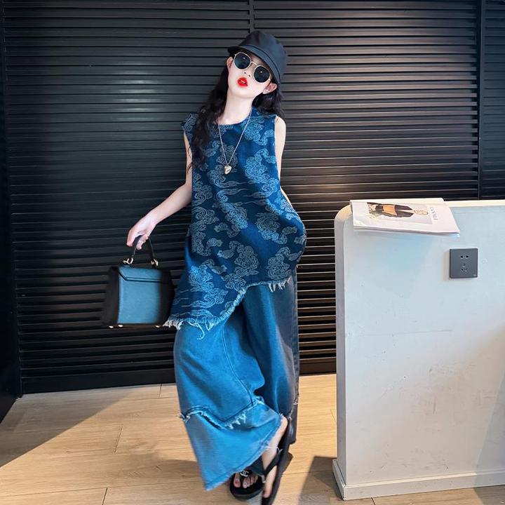 女童国风牛仔套装夏2025新款中大女童夏季阔腿裙裤两件套洋气时髦