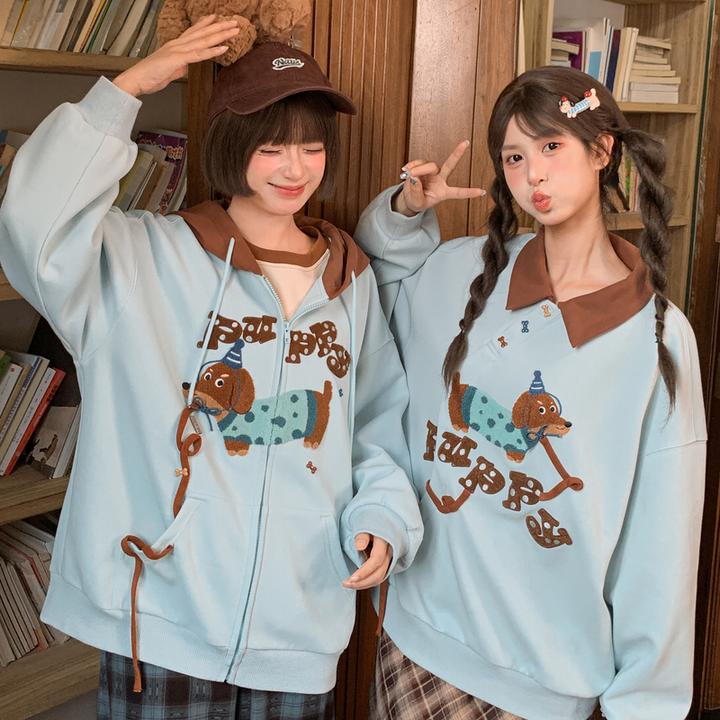 森女部落早秋连帽卫衣长袖宽松萌趣腊肠狗刺绣闺蜜休闲外套新款