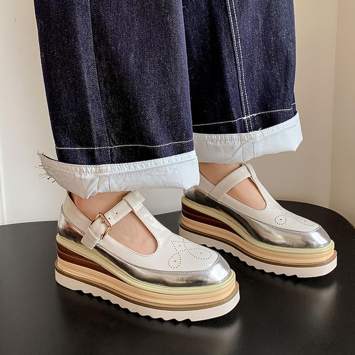 7cm高跟厚底坡跟松糕鞋女真皮拼色英伦风丁字带雕花单鞋新款