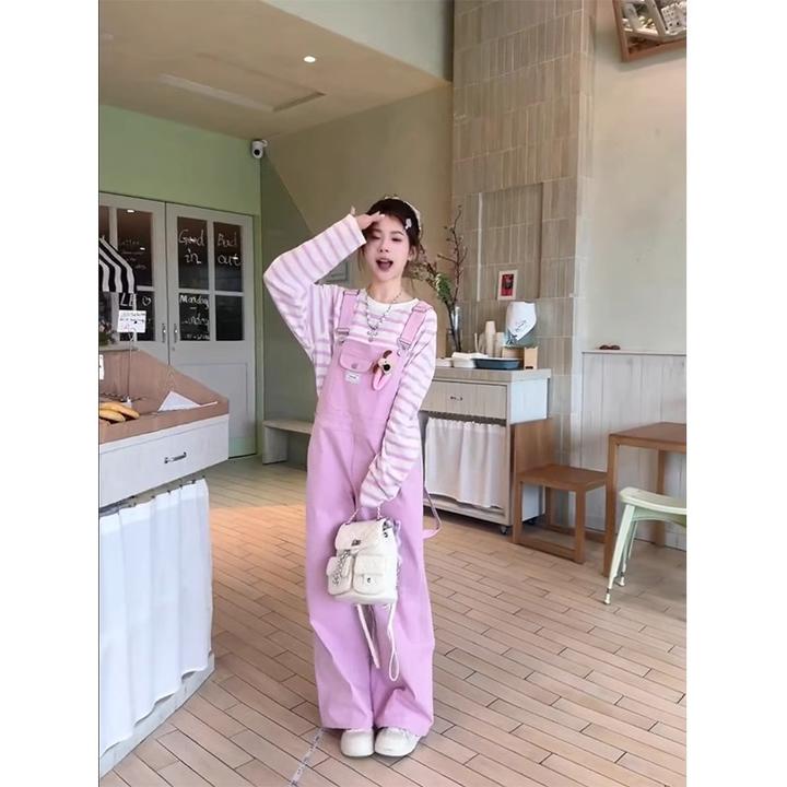 油画少女休闲牛仔背带裤条纹上衣两件套春夏季减龄宽松百搭阔腿裤