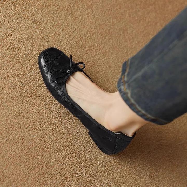 软羊皮手工女鞋2025春夏新款黑色软底显瘦平底单鞋女豆豆鞋子