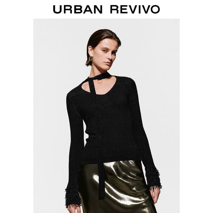 UR2025冬季新款女装气质绑带流苏修身短款针织衫UWG950271
