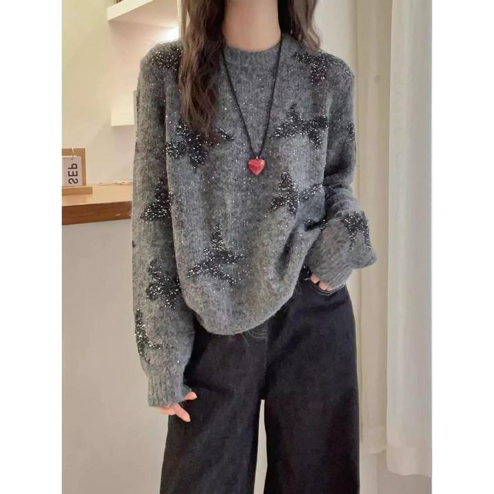 欧货重工亮片长袖圆领针织衫女2024秋冬新款宽松慵懒软糯毛衣