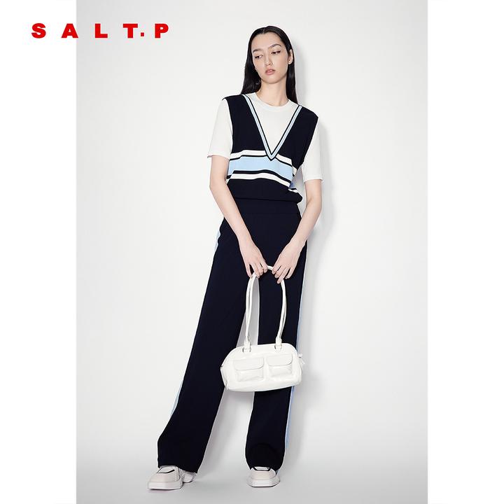 SALT.P可颜假两件学院运动风条纹短袖针织衫2025夏新款