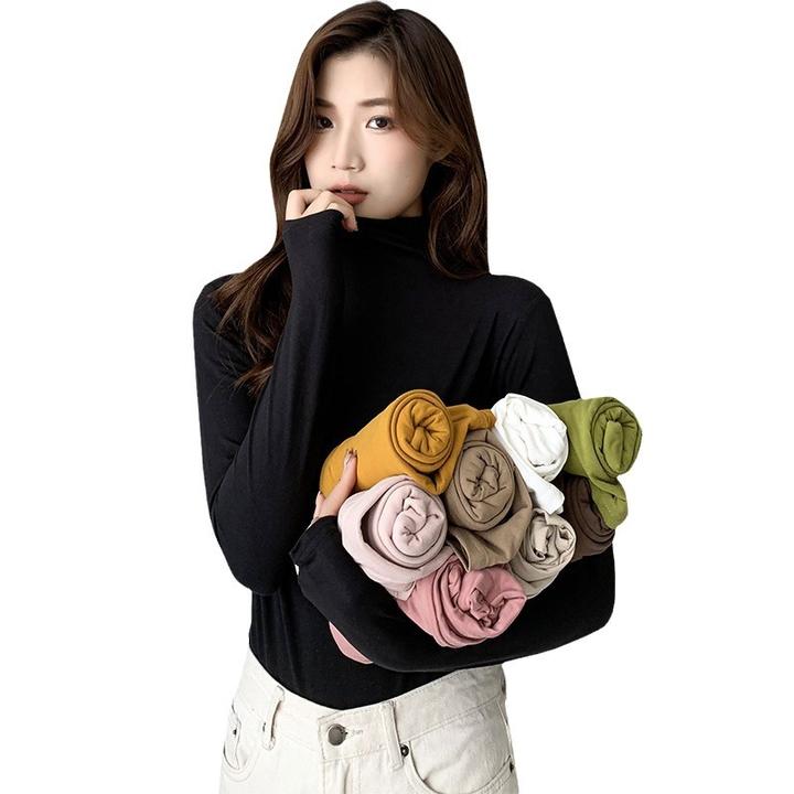 显瘦长袖修身上衣2025新款爆款聚酯纤维材质半高领内搭T恤女薄款