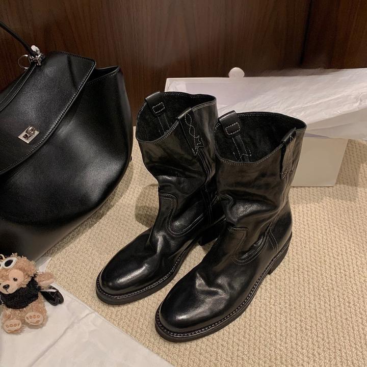 UHCK2025新款秋冬韩版圆头V口机车粗跟西部牛仔短靴