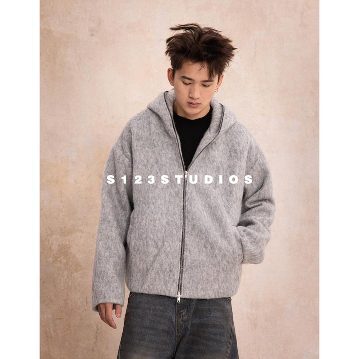 S123秋冬新款 美式休闲羊毛短款毛呢连帽夹克外套男宽松棉服上衣