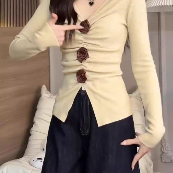 特大码300斤立体花朵v领长袖T恤女春秋新款褶皱收腰紧身开叉上衣