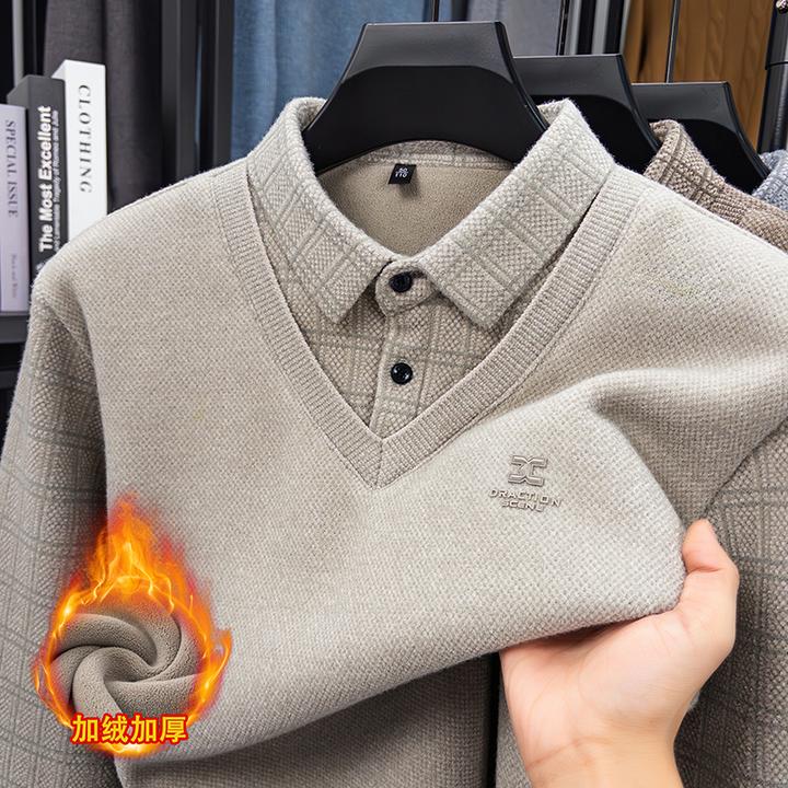 冬季新款男士加绒加厚假两件雪貂绒毛衣商务休闲保暖上衣针织衫