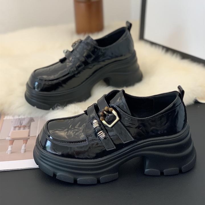 时尚新款粗跟百搭小皮鞋女2025秋季魔术贴乐福鞋爆款增高7cm单鞋