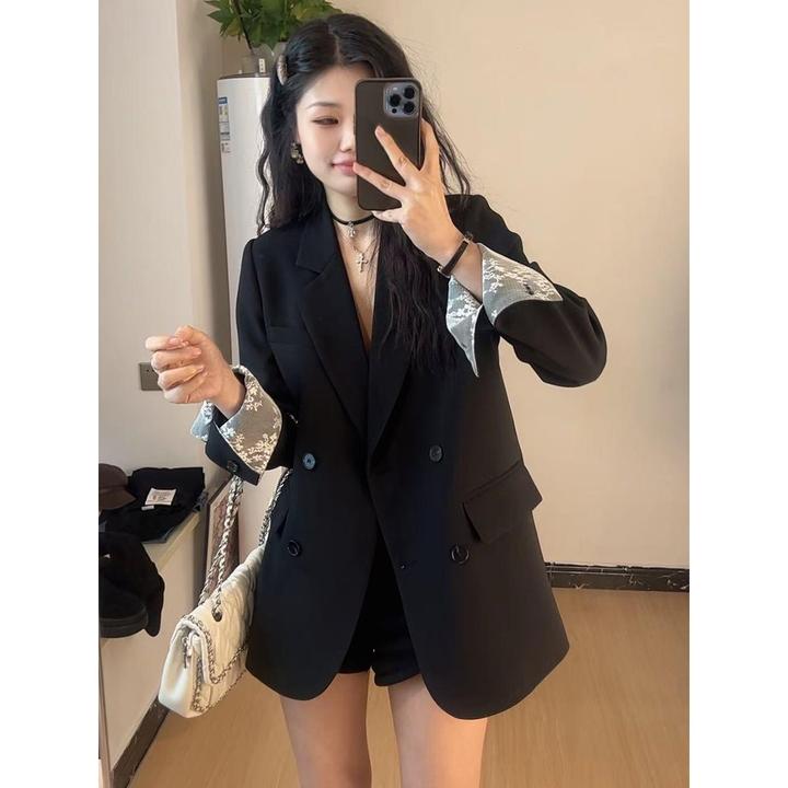 高级感蕾丝拼接休闲小西装外套女春秋季韩版宽松时尚气质西服上衣