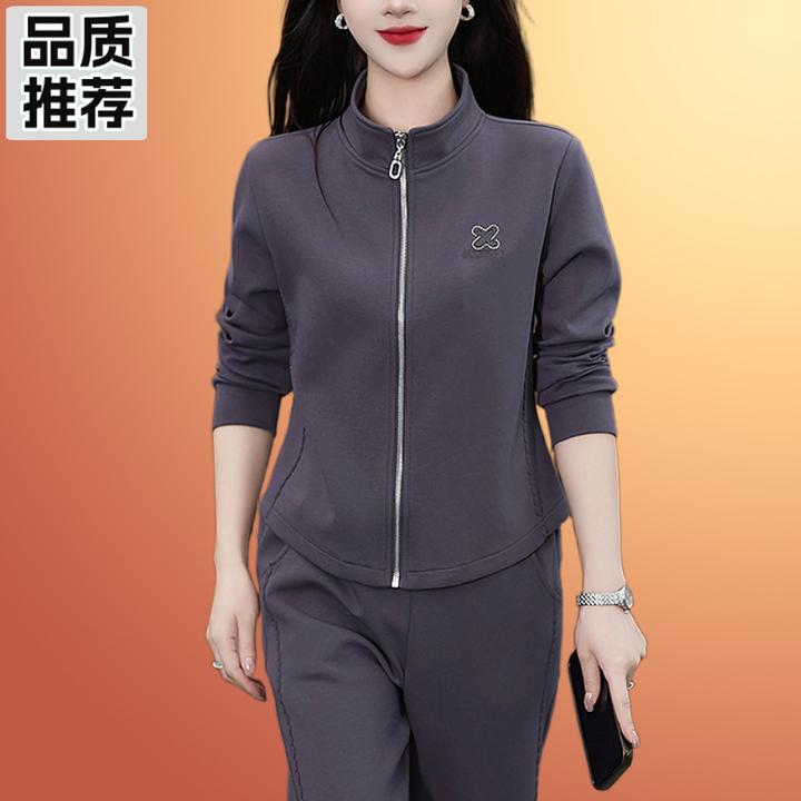 品牌新款深灰中老年运动套装女春秋百搭港风两件套宽松潮流外套女