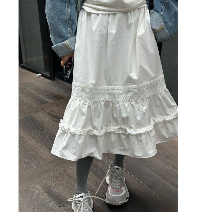 LYXZ x 大小与【白桃气泡】春季新淑女气质洞洞拼花边半身裙76379