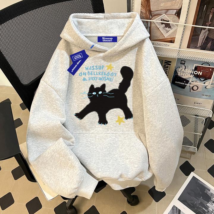 WASSUP UOSNE重磅加绒连帽卫衣男秋冬季cleanfit宽松休闲印花上衣