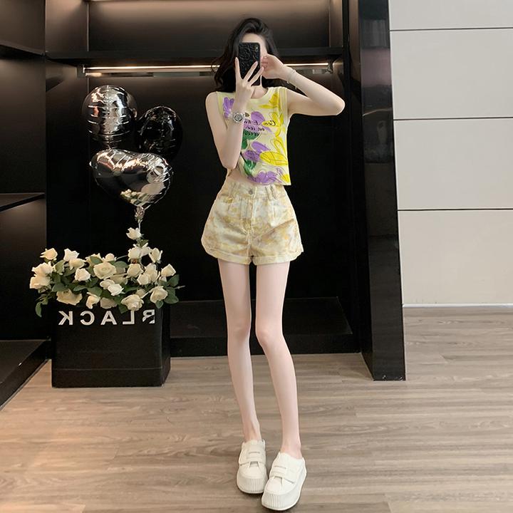 涂鸦印花无袖背心女夏外穿针织短款上衣黄牛仔短裤辣妹a字短裤子