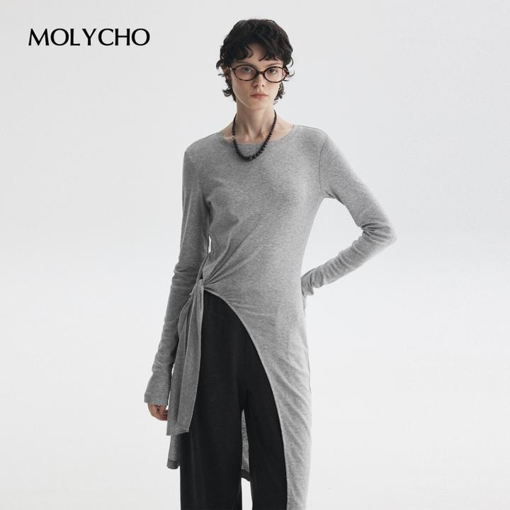 MOLYCHO｜不规则高级感/斜边绑结下摆T恤女长款上衣长袖罩衫外套