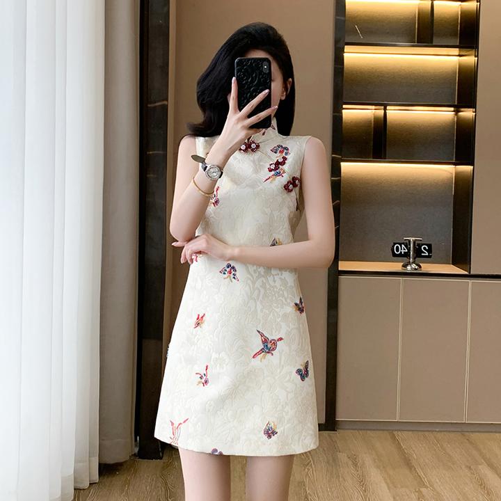 小香风轻奢提花刺绣新中式改良旗袍裙女夏季新款小个子无袖连衣裙