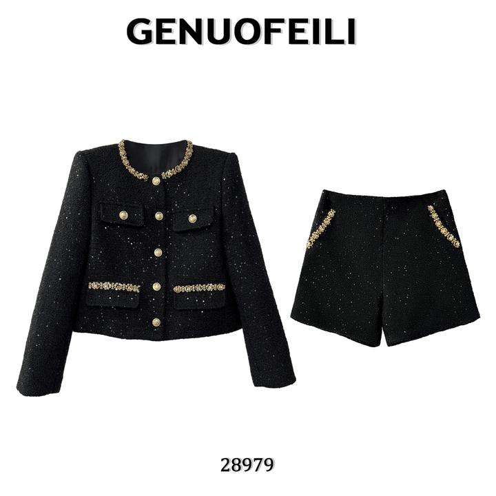 时尚名媛黑色显瘦修身长袖小香风套装网红款小香风外套女款爆款