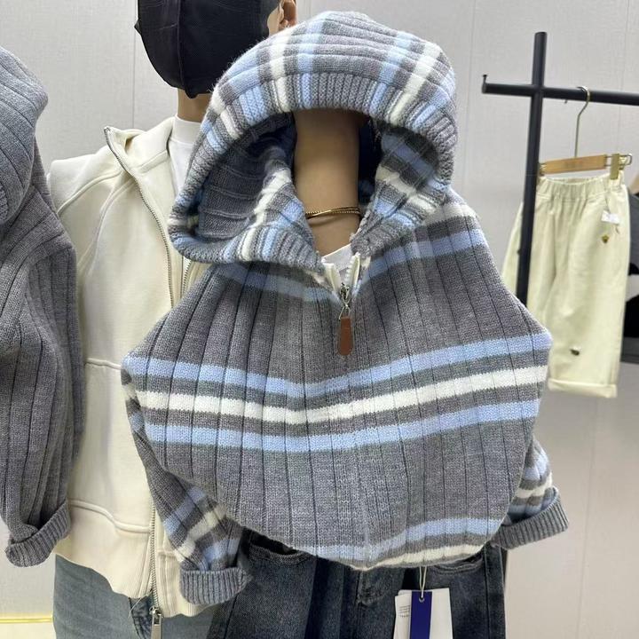 【连帽衫】秋冬男童拼色韩版长袖常规纯色条纹毛衣针织衫拉链衫女童