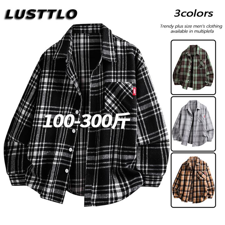 大码长袖格子衬衫男士春秋新款韩版潮流复古加肥加大宽松休闲外套