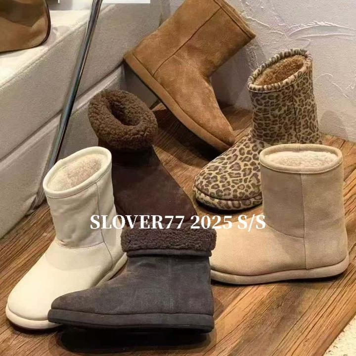 皮毛一体雪地靴豹纹高丝光牛反绒中筒冬季两穿保暖真皮女靴