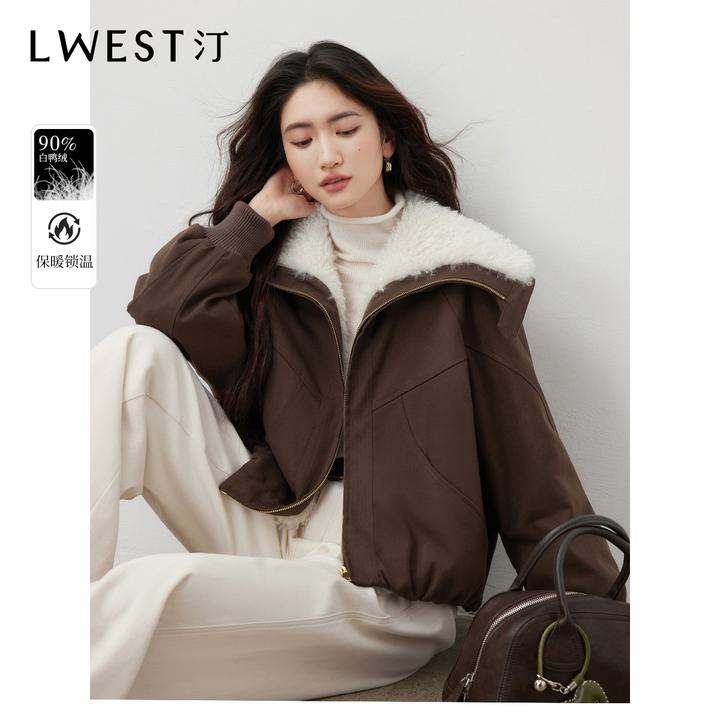 T朗文斯汀毛毛拼接羽绒服女2025冬季新款小个子短款翻领保暖外套