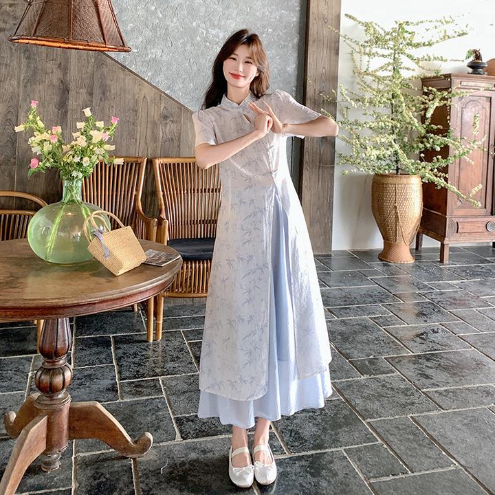 浅蓝色新中式国风印花连衣裙女夏季2025新款斜襟开衫叠穿吊带裙子