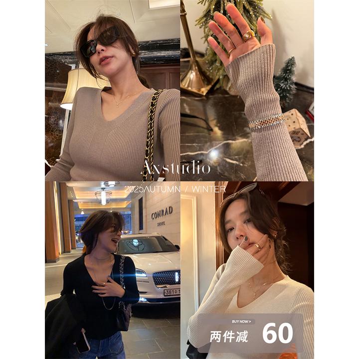 阿昕亮晶晶 瘦瘦打底 秋冬V领修身显瘦厚针织打底毛衣AX250544