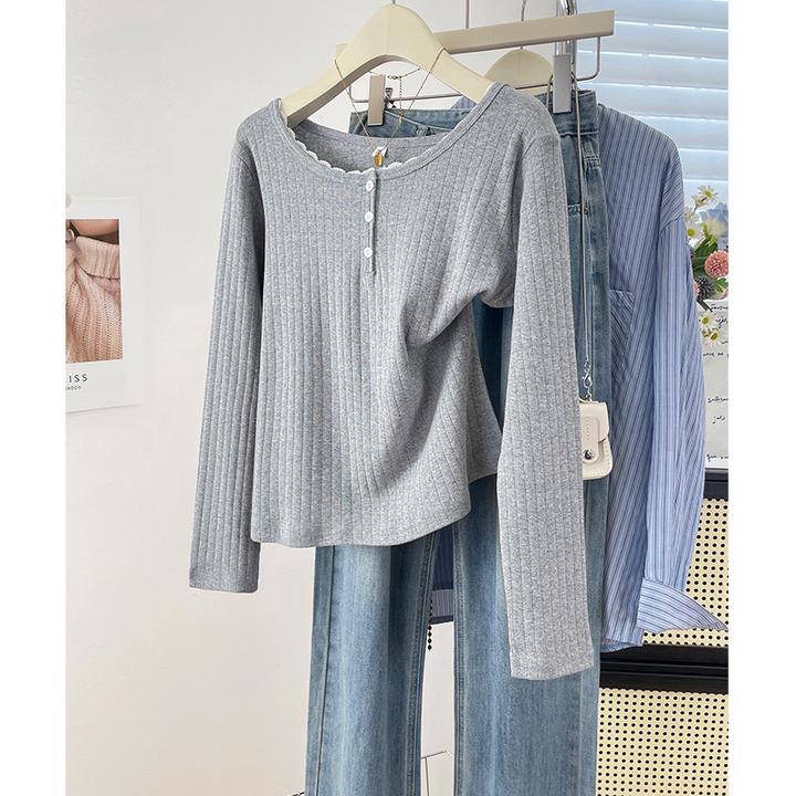 欧美风蕾丝拼接纯棉长袖体恤设计感正肩显瘦上衣纯欲风女装打底衫