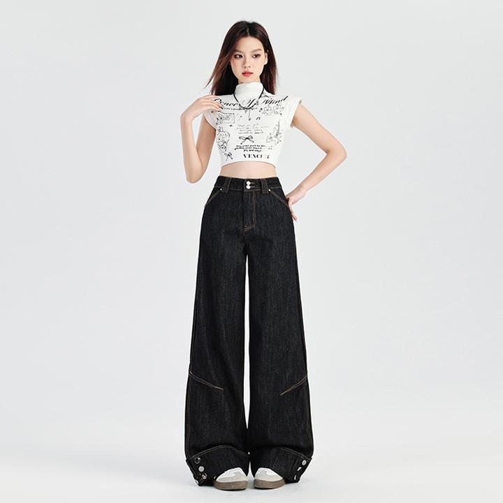 设计感翻边阔腿牛仔裤女2025春季新款复古黑色显瘦高腰垂感拖地裤