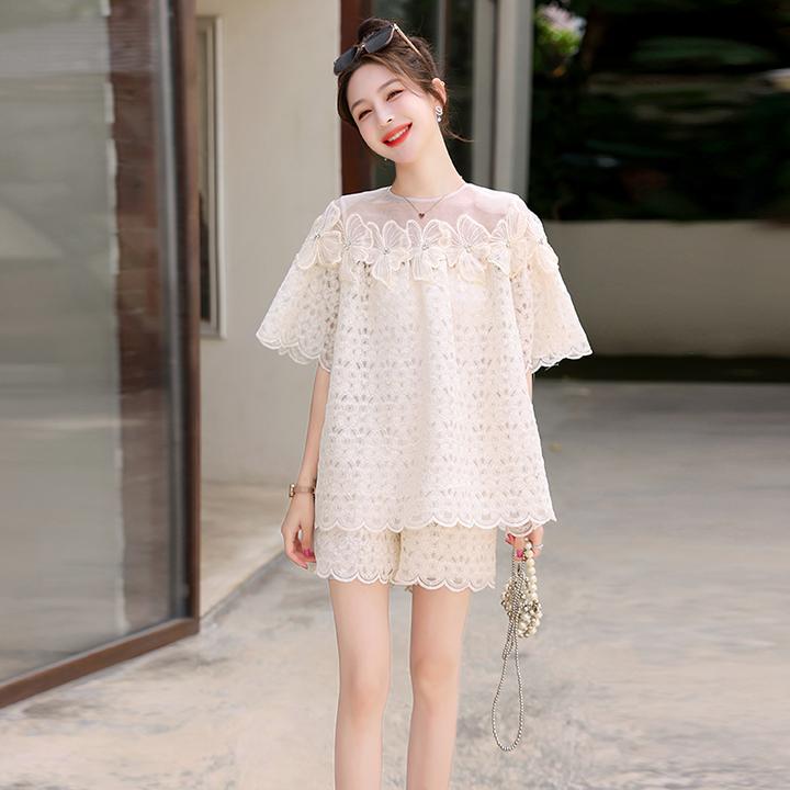 小香风蕾丝套装女夏季气质短袖上衣短裤两件套时尚百搭大码显瘦