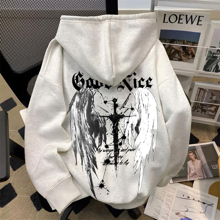 重磅美式高街潮酷翅膀印花宽松连帽卫衣男女秋冬新款加绒帽衫外套