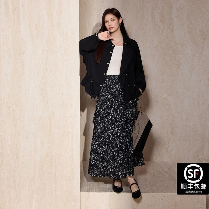 蓝语大码女装荷叶边设计黑色短款风衣薄外套2025秋冬半身裙套装