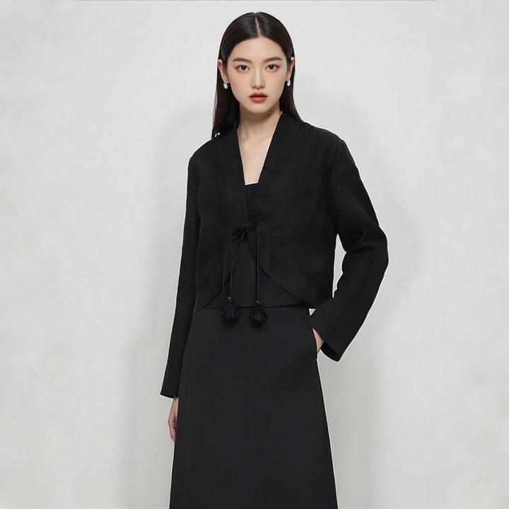 SUOER/娑尔娑尔黑色百搭桑黑龟香云纱短款外套上衣SG2SB01239
