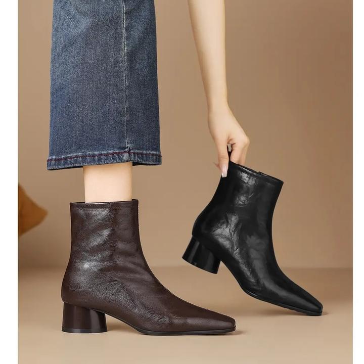 秋冬新款牛皮4cm方头粗跟保暖短靴女马丁靴舒适百搭法式防滑耐磨