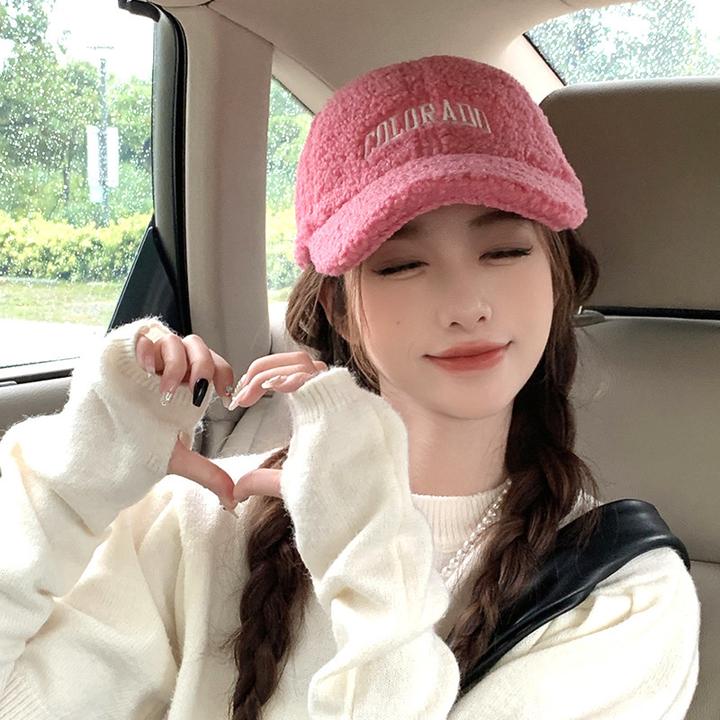 新款粉色可爱羊羔绒棒球帽子女秋冬季韩系保暖百搭字母刺绣鸭舌帽