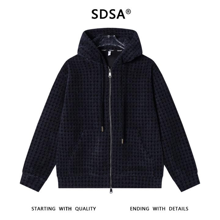 SDSA男士秋冬新款痞帅男装潮牌绒毛拉链开衫连帽卫衣暗纹百搭上衣