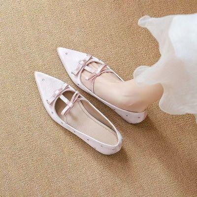 时尚配裙子气质单鞋2024新款法式蝴蝶结水钻黑色尖头浅口玛丽珍鞋