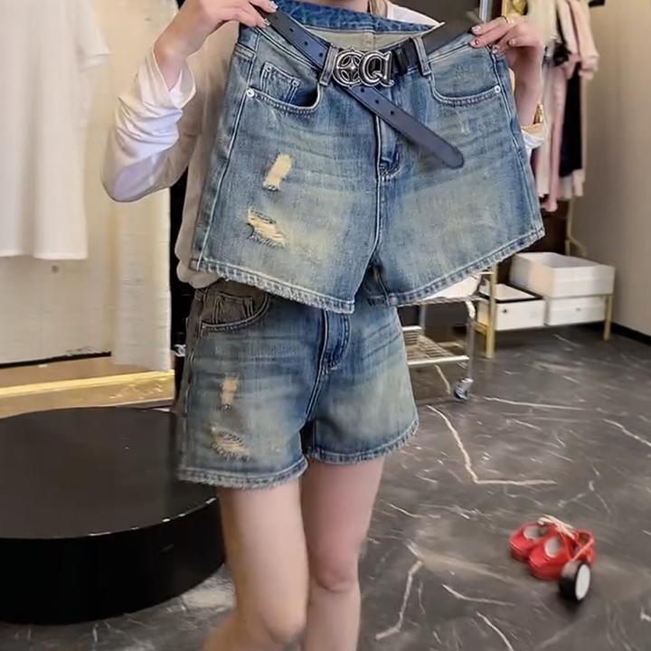 大码女装减龄宽松破洞直筒裤子2025夏季新款薄款高腰显瘦牛仔短裤